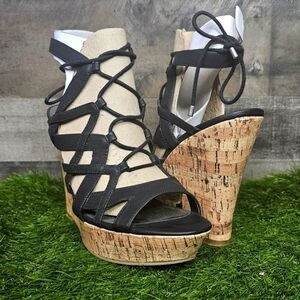 G By Guess Stylish Black and Tan Wedge Sandals